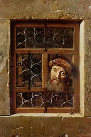 Painting by Samuel van Hoogstraten, Old Man Looking Through the Window, 1653