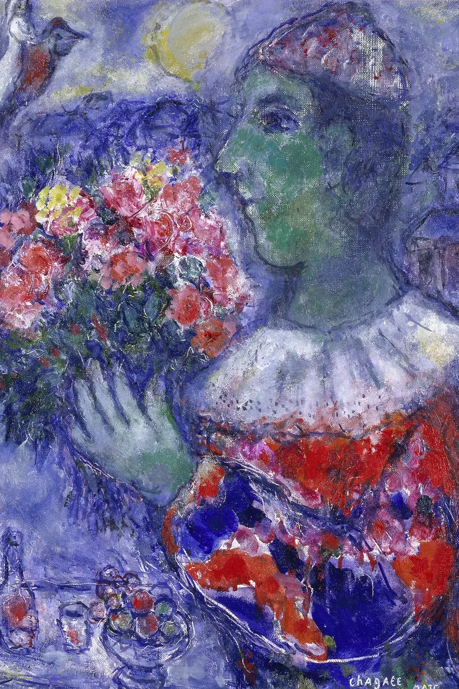 マルク・シャガールの絵画『ピエロと花束』（1970-1974年）
