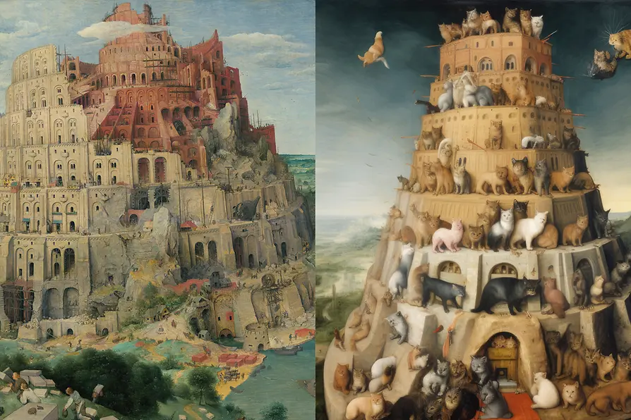 Bruegel, Tower of Babel (c) Kunsthistorisches Museum & Midjourney AI Picture generated by Vienna Tourist Board