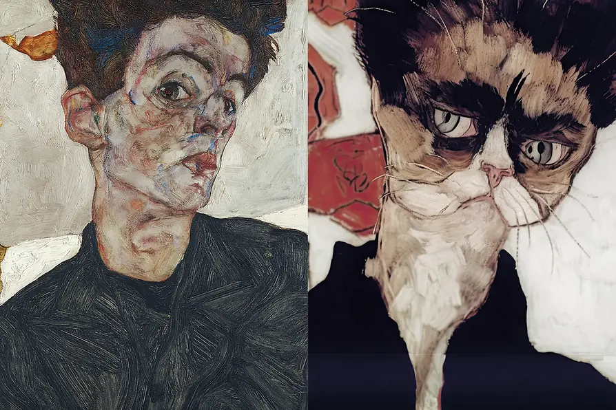 Egon Schiele, Self-Portrait (c) Leopold Museum & Midjourney AI Picture generated by Vienna Tourist Board