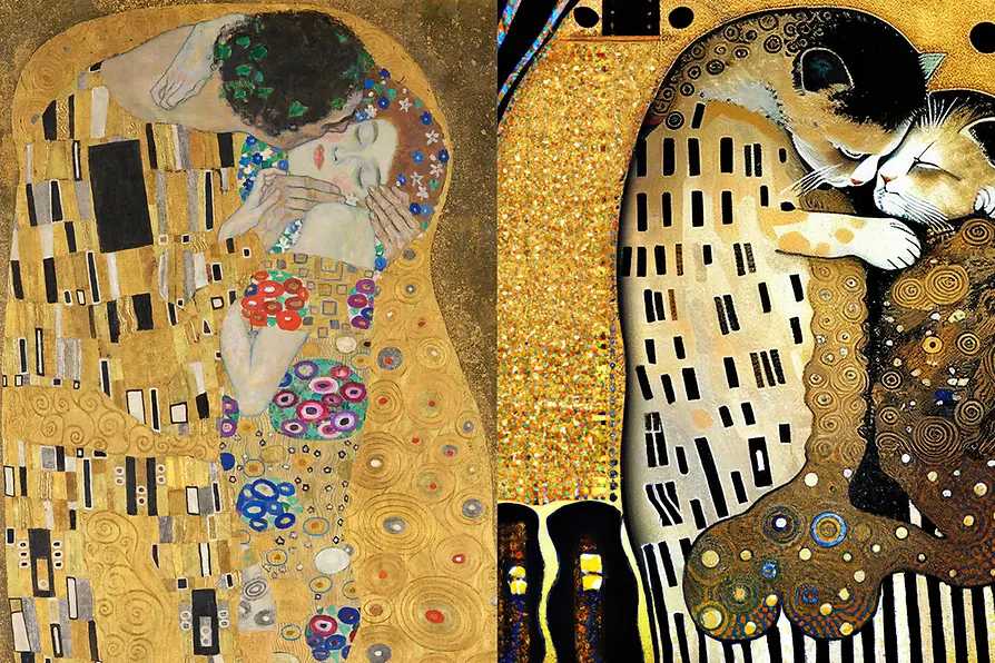 Klimt, The Kiss (c) Belvedere Vienna & Midjourney AI Picture generated by Vienna Tourist Board