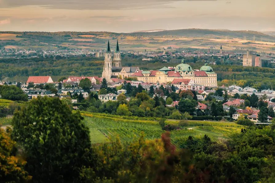 Klosterneuburg Abbey from a distance with landscape in the background