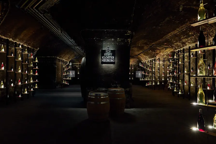 Wine cellar in Klosterneuburg Abbey with indirect lighting of the wine bottles