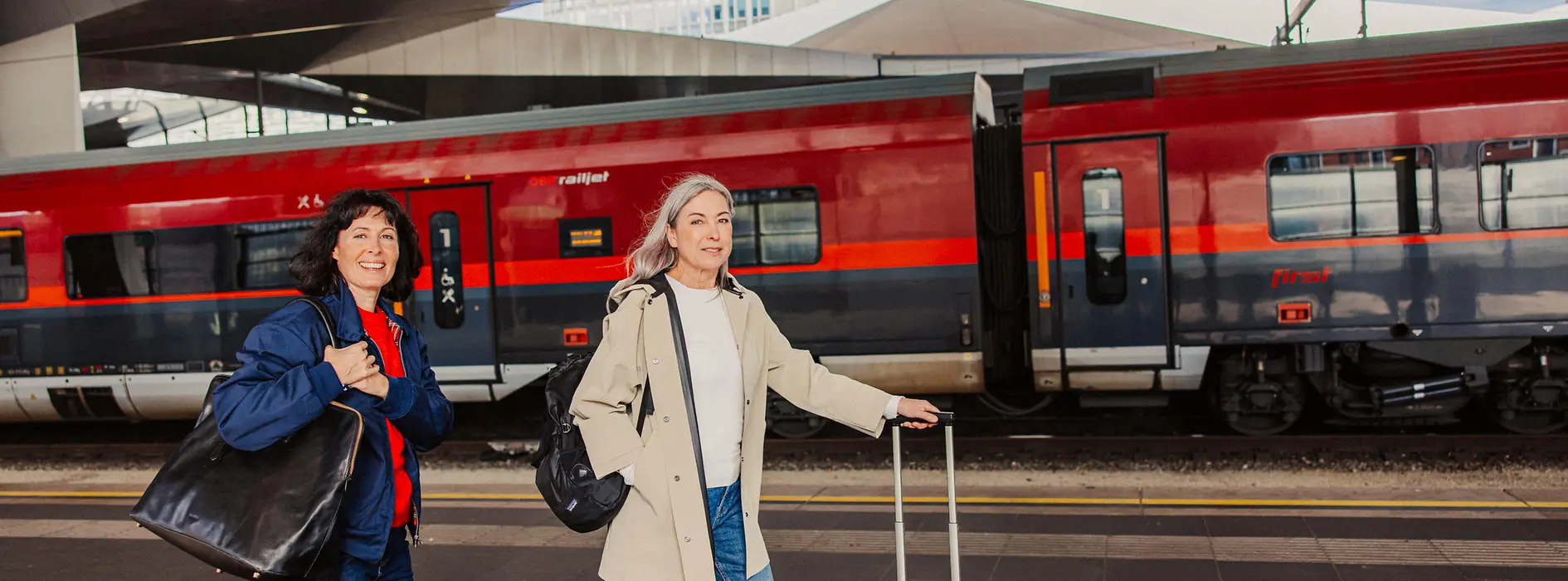Women with luggage on the platform