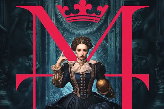 Depiction of the young Empress Maria Theresa in historical costume with raised hand and orb in a dark, sacred room.