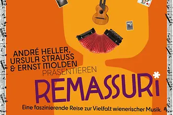Plakat zur Konzertreihe Remassuri mit Schrift und Bildcollage eines Kopfes: Ziehharmonika als Mund, Gitarre als Nase, Spielkarten als Augen.