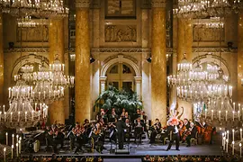 L'Orchestra della Hofburg di Vienna suona nella sala cerimoniale della Hofburg, con colonne di marmo e palme sullo sfondo, illuminate da enormi lampadari rotondi. 
