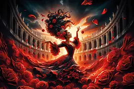 Gezeichnetes Bild der Opernfigur Carmen in einem Kleid aus Rosen.
