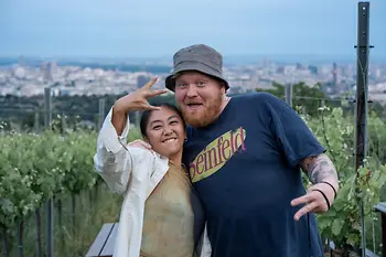 Chef Lukas Mraz with sommelier Jessica Tan in the Vienna vineyards