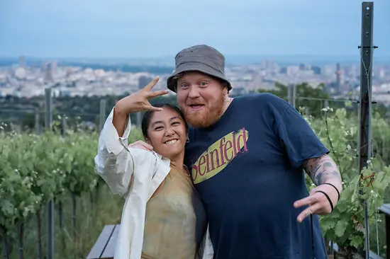 Chef Lukas Mraz with sommelier Jessica Tan in the Vienna vineyards