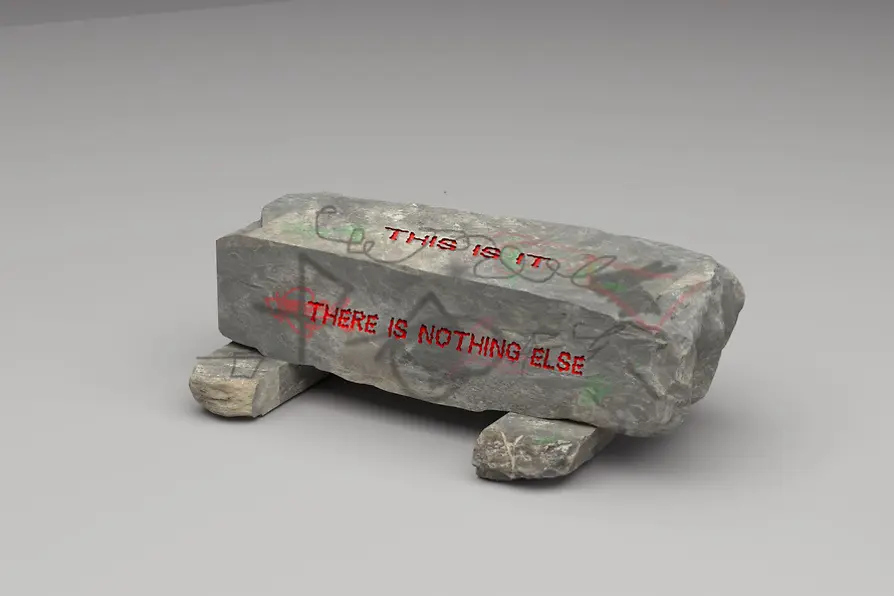 Objet d'exposition Lukas Thaler : pierre avec inscription rouge