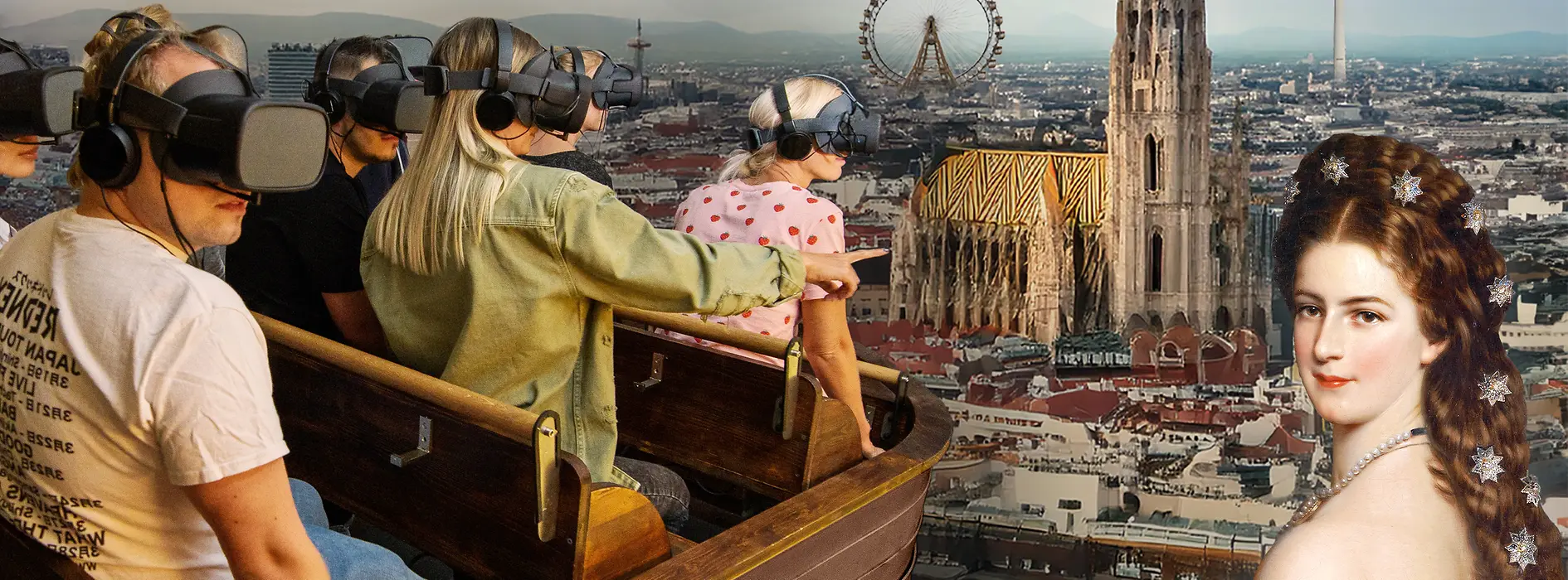 Illustrated motif: Sisi in front of the Vienna skyline