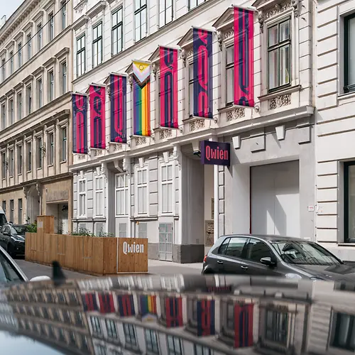 View from outside of Qwien with flags