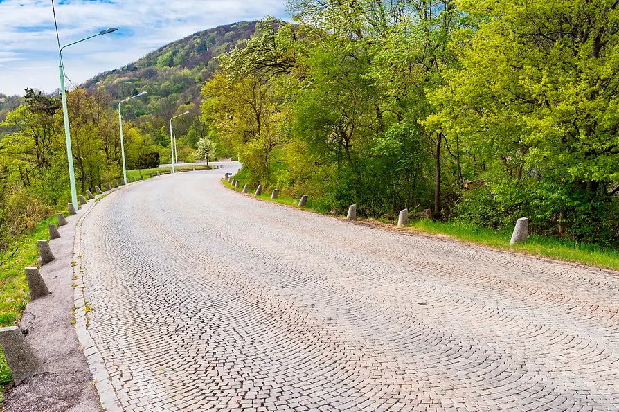 The cobblestone paving of Vienna’s Höhenstraße with a view of the Vienna Woods.