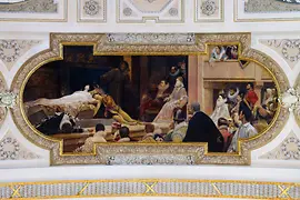 The ceiling painting depicts William Shakespeare’s Globe Theatre
