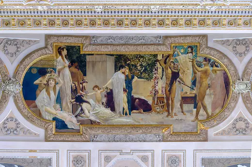 Pictura de tavan îl înfățișează pe carul lui Thespis de Gustav Klimt